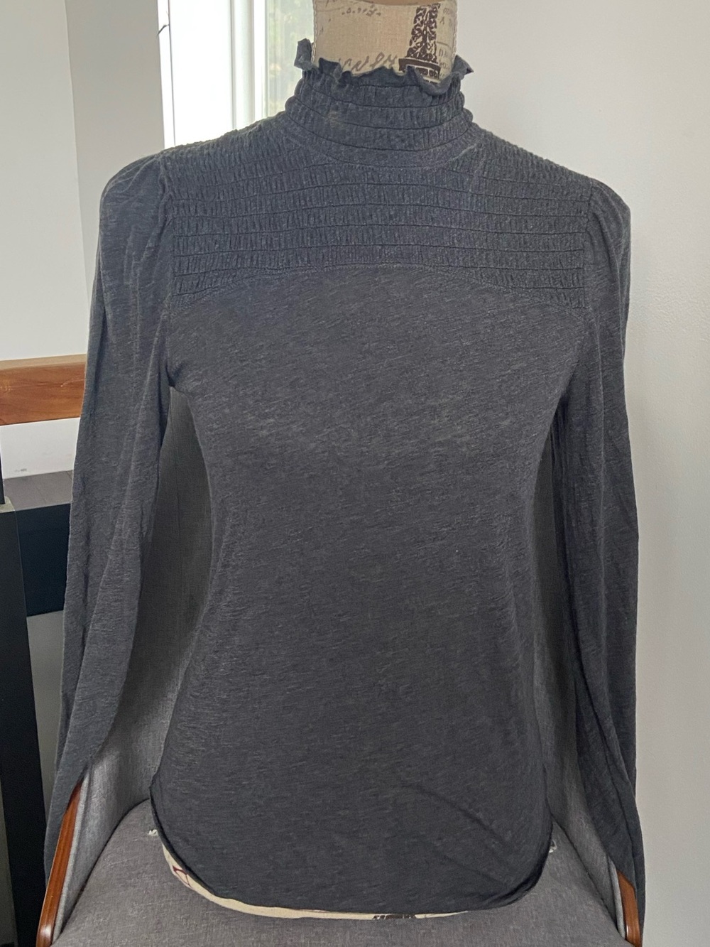 We The Free Charcoal Ruffle Mock Neck Long Sleeve Top